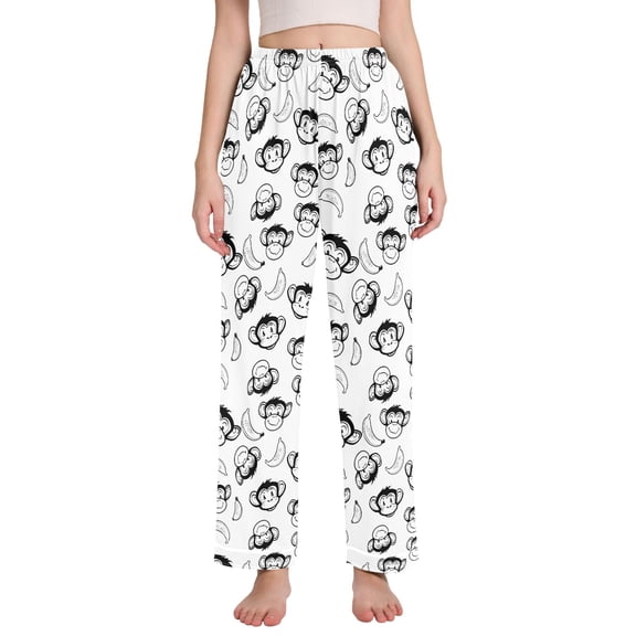 joogoo Women Cartoon Monkey Banana-1 Pajamas Pants Lounge Bottoms Pjs with Pockets L
