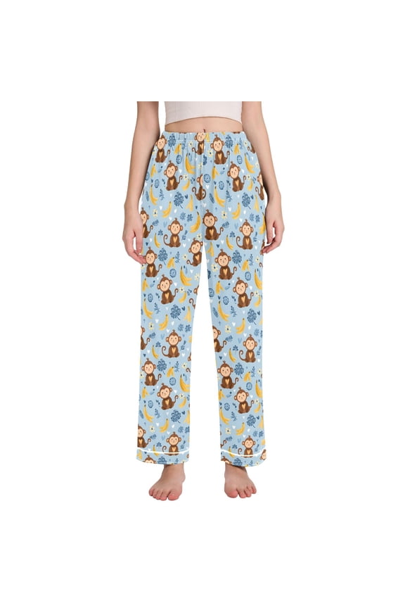 Women Cartoon Monkey Bananas Pajamas Pants Lounge Bottoms Pjs with Pockets L