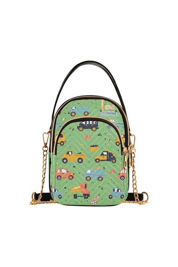Women Cartoon Trucks Cars on Green Chain Crossbody Bags Shoulder Handbag Phone Purse