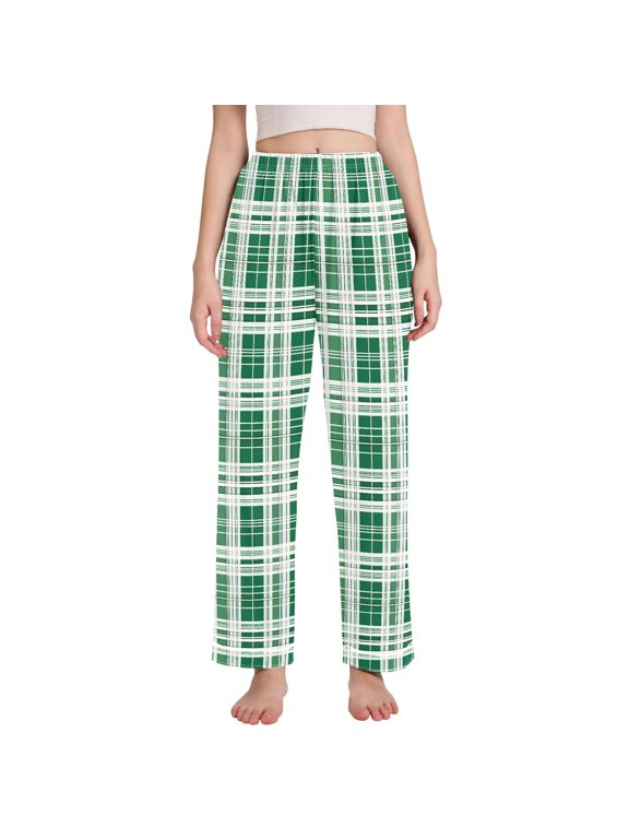 Women Checkered Grid Green Pajamas Pants Lounge Bottoms Pjs with Pockets S