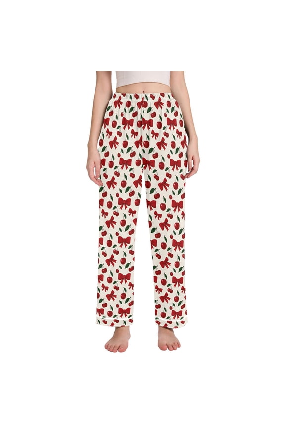 Women Cherry Fruits Bow Pajamas Pants Lounge Bottoms Pjs with Pockets L