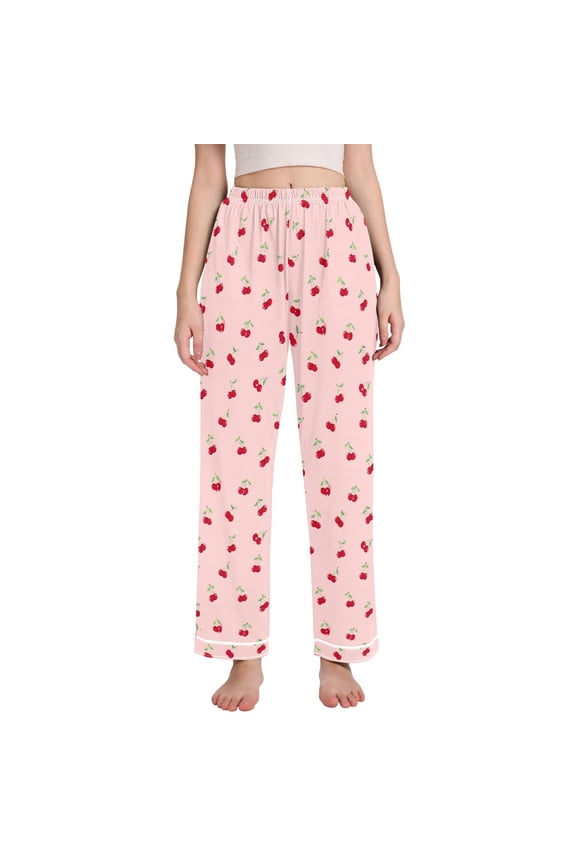 Women Cherry Fruits Pajamas Pants Lounge Bottoms Pjs with Pockets L