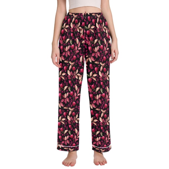 joogoo Women Cherry on Leopard Pajamas Pants Lounge Bottoms Pjs with Pockets L