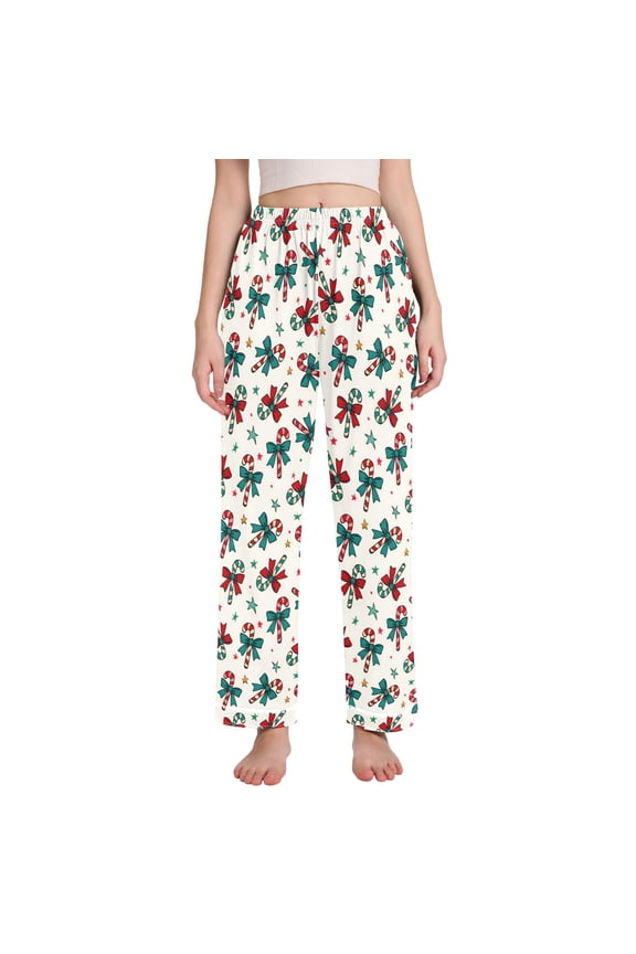 Women Christmas Candy Cane Bows Pajamas Pants Lounge Bottoms Pjs with Pockets XXL