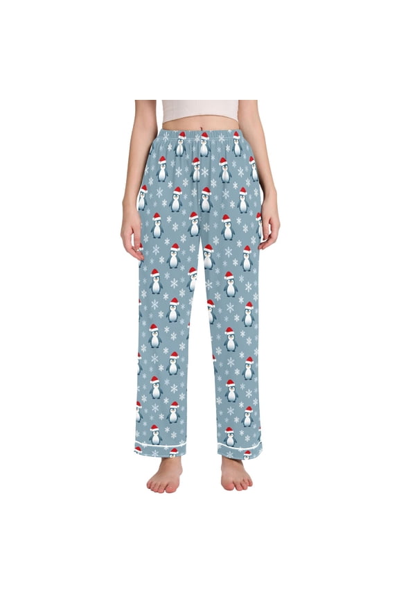 Women Christmas Penguin Snowflake Pajamas Pants Lounge Bottoms Pjs with Pockets L