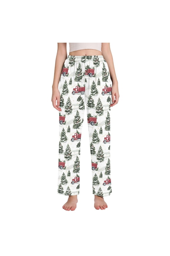 Women Christmas Tree on Truck Pajamas Pants Lounge Bottoms Pjs with Pockets L