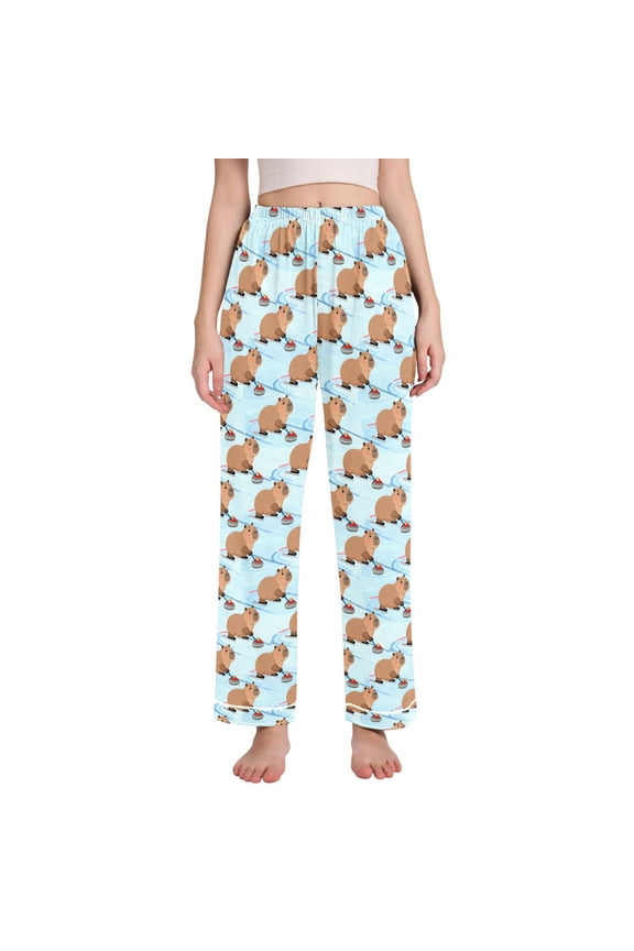 Women Cute Capybara Skiing Pajamas Pants Lounge Bottoms Pjs with Pockets M