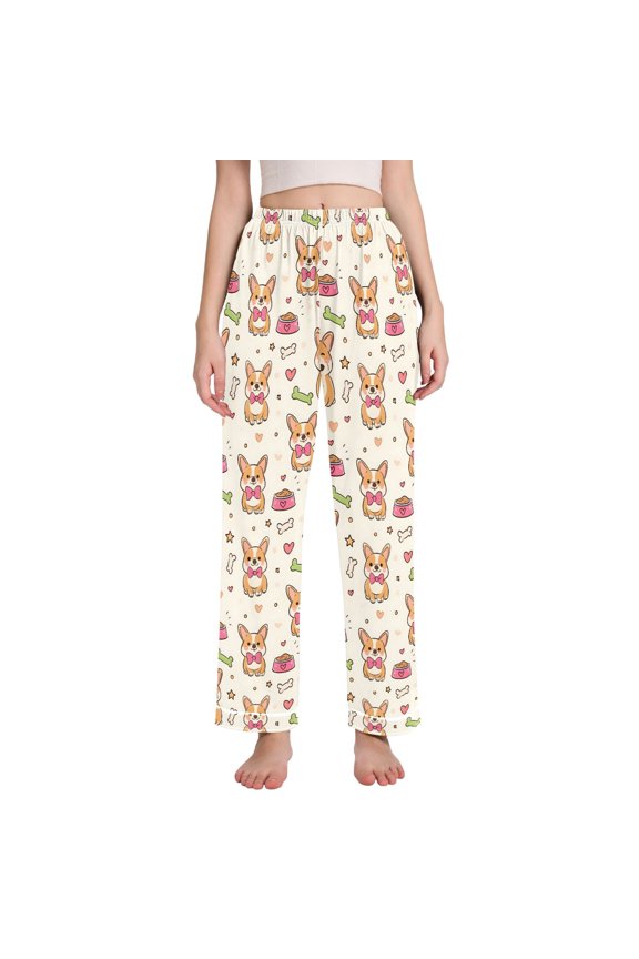 Women Cute Corgi Dogs Bones Pajamas Pants Lounge Bottoms Pjs with Pockets S