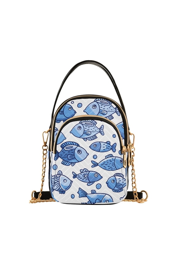 Women Cute Doodle Fishes Chain Crossbody Bags Shoulder Handbag Phone Purse