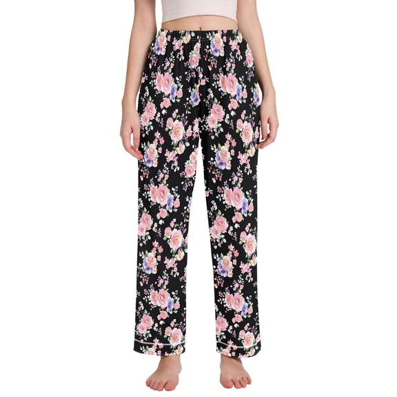 joogoo Women Elegant Rose Flower Pajamas Pants Lounge Bottoms Pjs with Pockets XXL