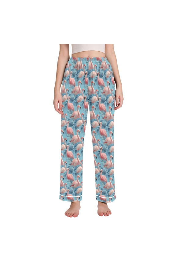 Women Flamingo on Blue Leave Pajamas Pants Lounge Bottoms Pjs with Pockets L