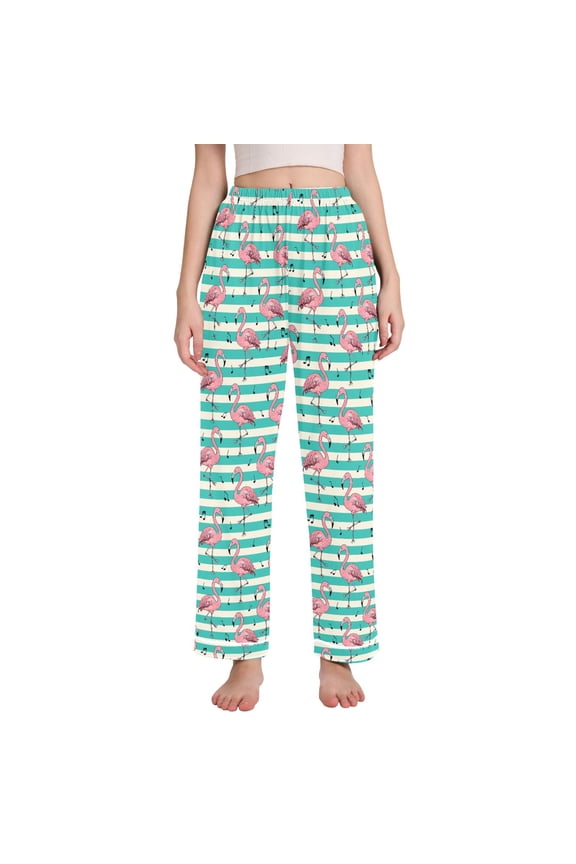 Women Flamingo on Stripes Pajamas Pants Lounge Bottoms Pjs with Pockets M