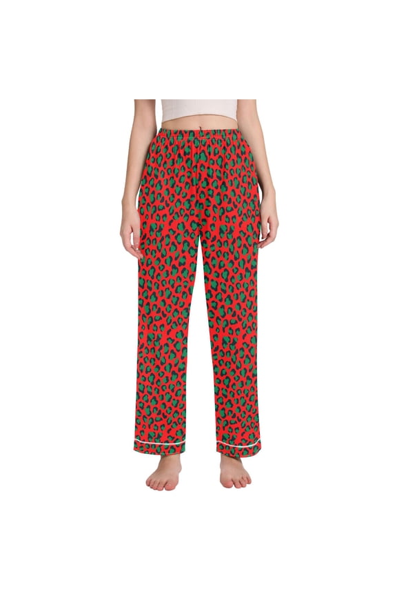 Women Green Leopard Print Pajamas Pants Lounge Bottoms Pjs with Pockets M