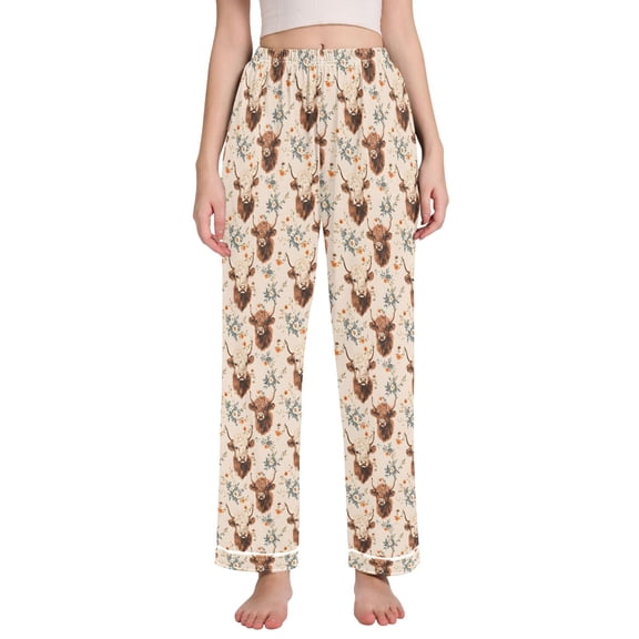 joogoo Women Highland Cattle Floral Pajamas Pants Lounge Bottoms Pjs with Pockets M
