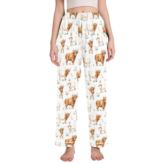 joogoo Women Highland Cattle Flower-w2 Pajamas Pants Lounge Bottoms Pjs with Pockets L