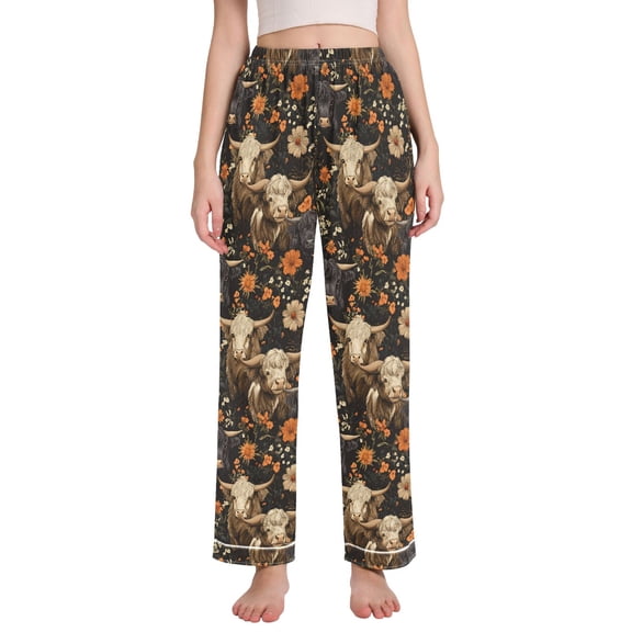 joogoo Women Highland Cows Flower Pajamas Pants Lounge Bottoms Pjs with Pockets M