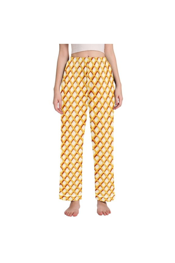 Women Lattice Checkered Yellow Pajamas Pants Lounge Bottoms Pjs with Pockets L
