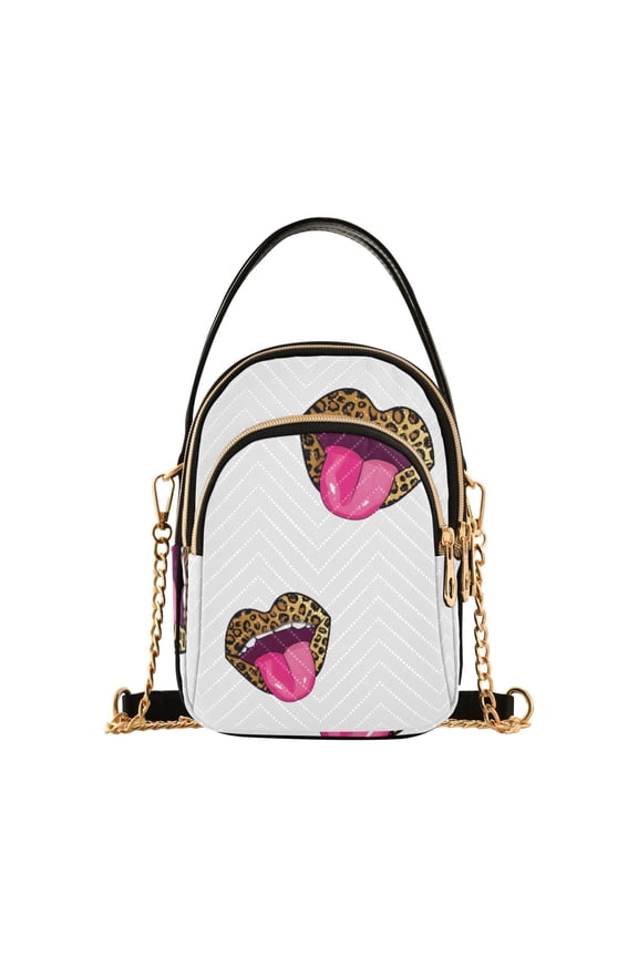 Women Leopard Red Lips Chain Crossbody Bags Shoulder Handbag Phone Purse