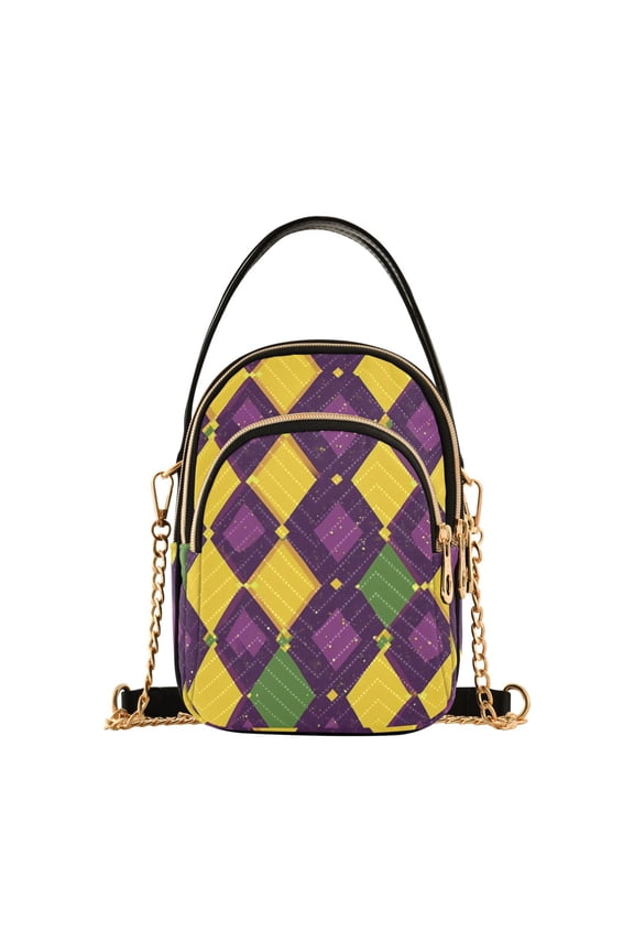 Women Mardi Gras Checkered Chain Crossbody Bags Shoulder Handbag Phone Purse