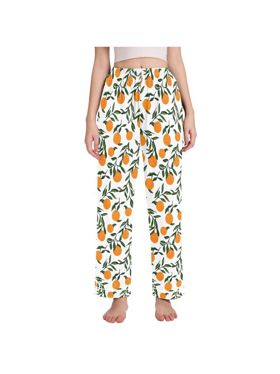 Women Orange Fruits Pajamas Pants Lounge Bottoms Pjs with Pockets L