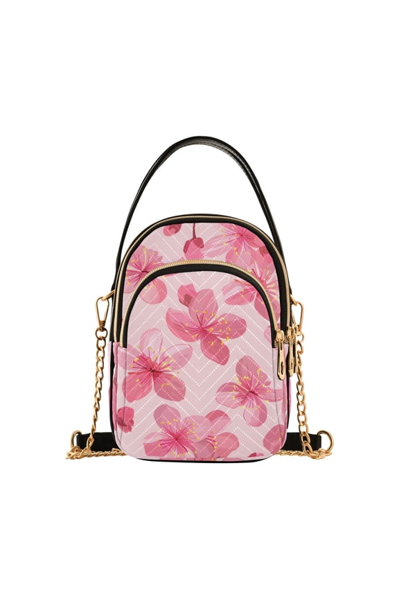 Women Pink Cherry Blossoms Flower Chain Crossbody Bags Shoulder Handbag Phone Purse