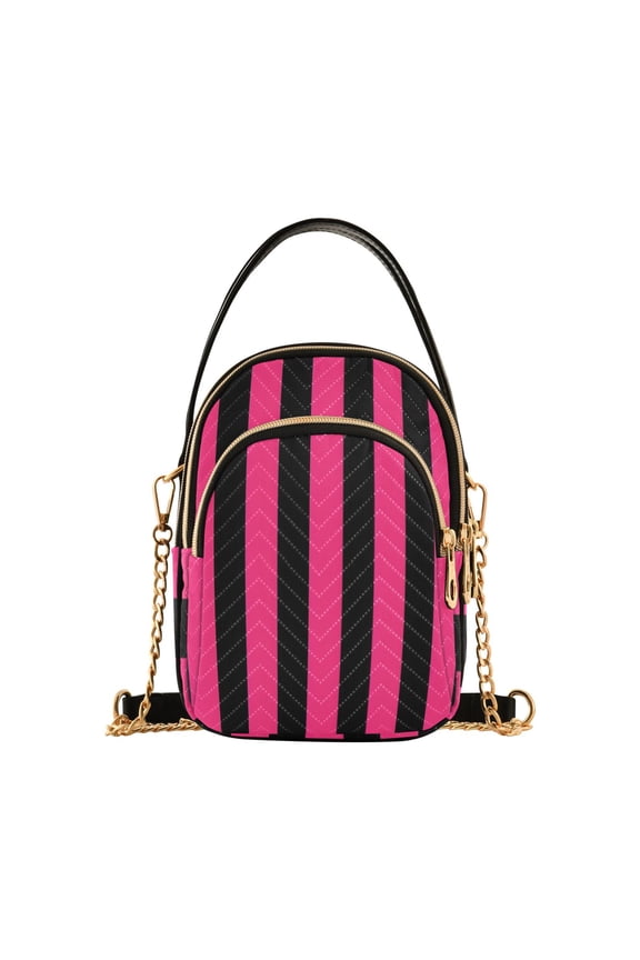Women Pink and Black Stripe Pattern Chain Crossbody Bags Shoulder Handbag Phone Purse