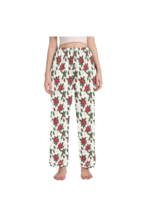 Women Poinsettias Flower Holly Pajamas Pants Lounge Bottoms Pjs with Pockets XXL