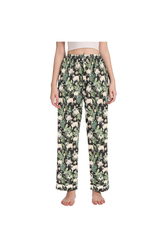 Women Pugs Dog Palm Leaves Pajamas Pants Lounge Bottoms Pjs with Pockets L