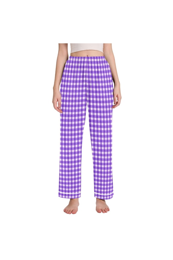 Women Purple Checkered Grid Pajamas Pants Lounge Bottoms Pjs with Pockets XL