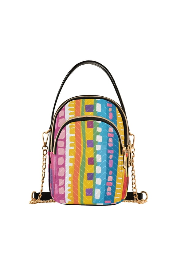 Women Rainbow Geometric Lines Hand Drawn Flat Cartoon Style Chain Crossbody Bags Shoulder Handbag Phone Purse