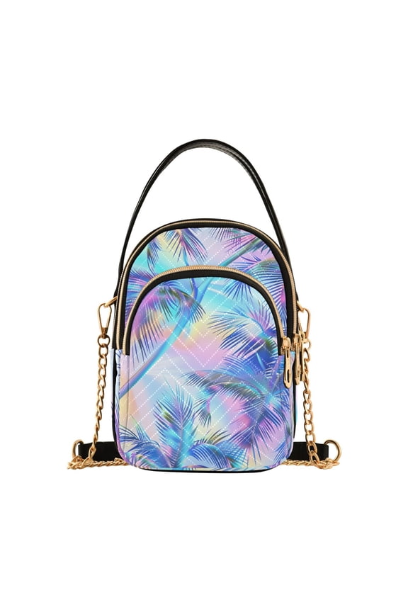 Women Rainbow Pattern Plam Trees Chain Crossbody Bags Shoulder Handbag Phone Purse