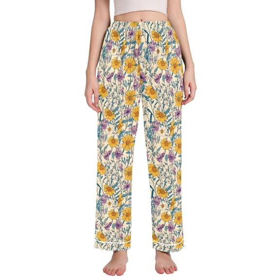 joogoo Women Retro Flowers Pajamas Pants Lounge Bottoms Pjs with Pockets S