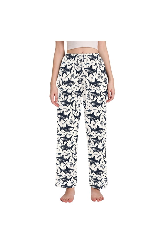 Women Seamless Sketch Shark Pattern Pajamas Pants Lounge Bottoms Pjs with Pockets M