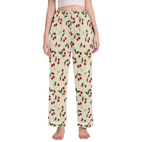 joogoo Women Vintage Cherry Pajamas Pants Lounge Bottoms Pjs with Pockets S