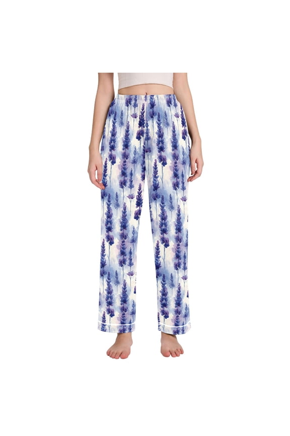 Women Watercolor Lavender Flower Pajamas Pants Lounge Bottoms Pjs with Pockets M