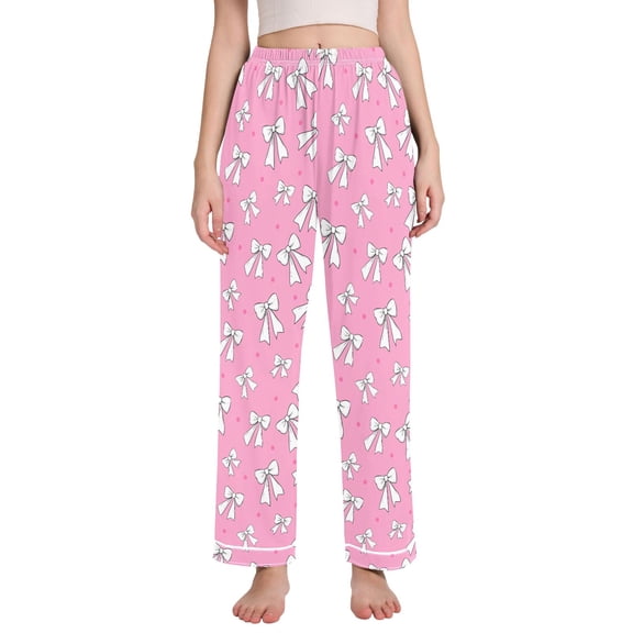 joogoo Women White Bows Pajamas Pants Lounge Bottoms Pjs with Pockets M