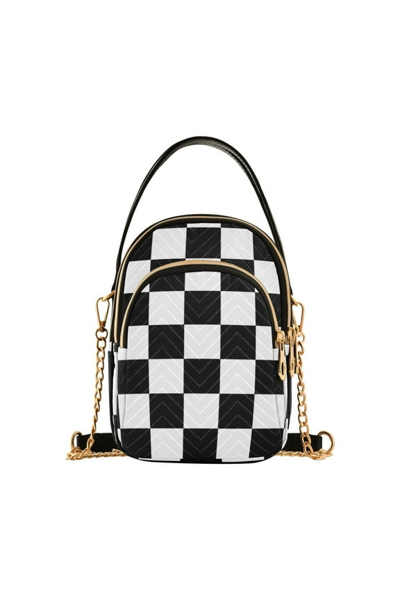 Women White and Black Checkered Grid Art Pattern Chain Crossbody Bags Shoulder Handbag Phone Purse