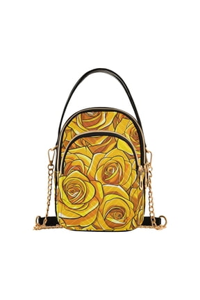 Women Yellow Roses Flowers Chain Crossbody Bags Shoulder Handbag Phone Purse