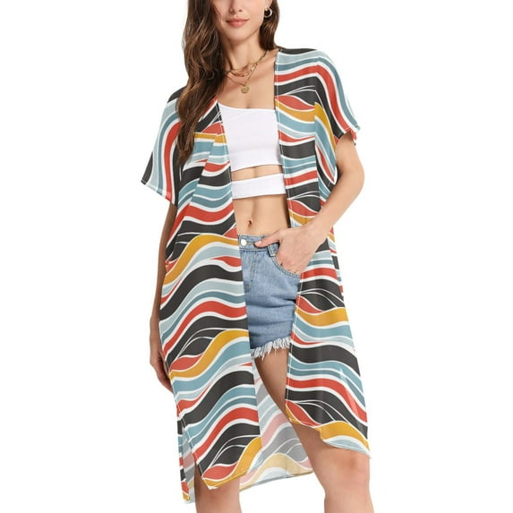 joogoo Women's Abstract Graffiti Stripe Beach Cover Up Kimono Swimsuit Summer Cardigan Swimwear S