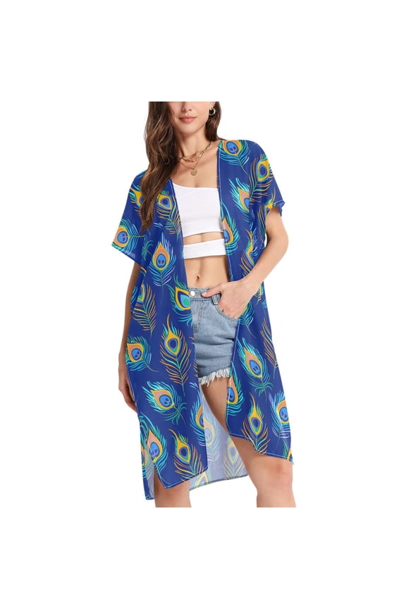 Women's Artistic Peacock Feathers Beach Cover Up Kimono Swimsuit Summer Cardigan Swimwear L