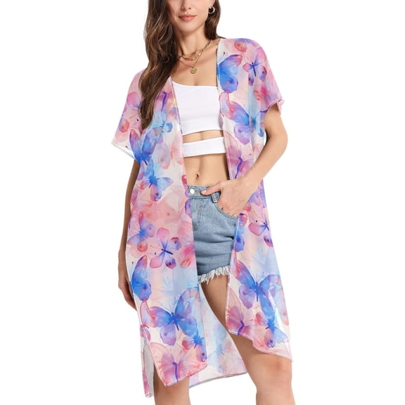 joogoo Women's Beautiful Butterfly Flying Beach Cover Up Kimono Swimsuit Summer Cardigan Swimwear L