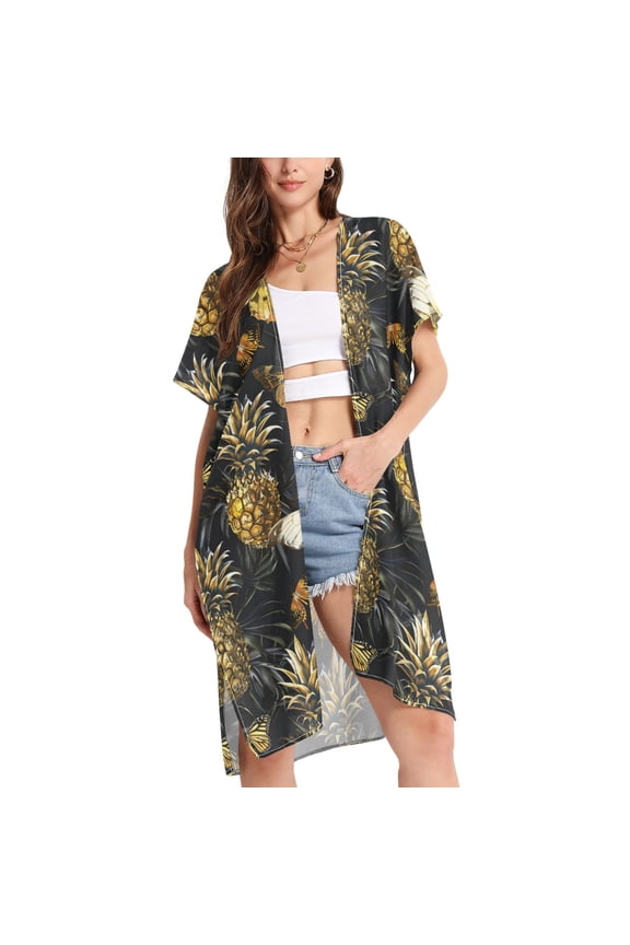 Women's Beautiful Pineapples and Butterflies Beach Cover Up Kimono Swimsuit Summer Cardigan Swimwear L
