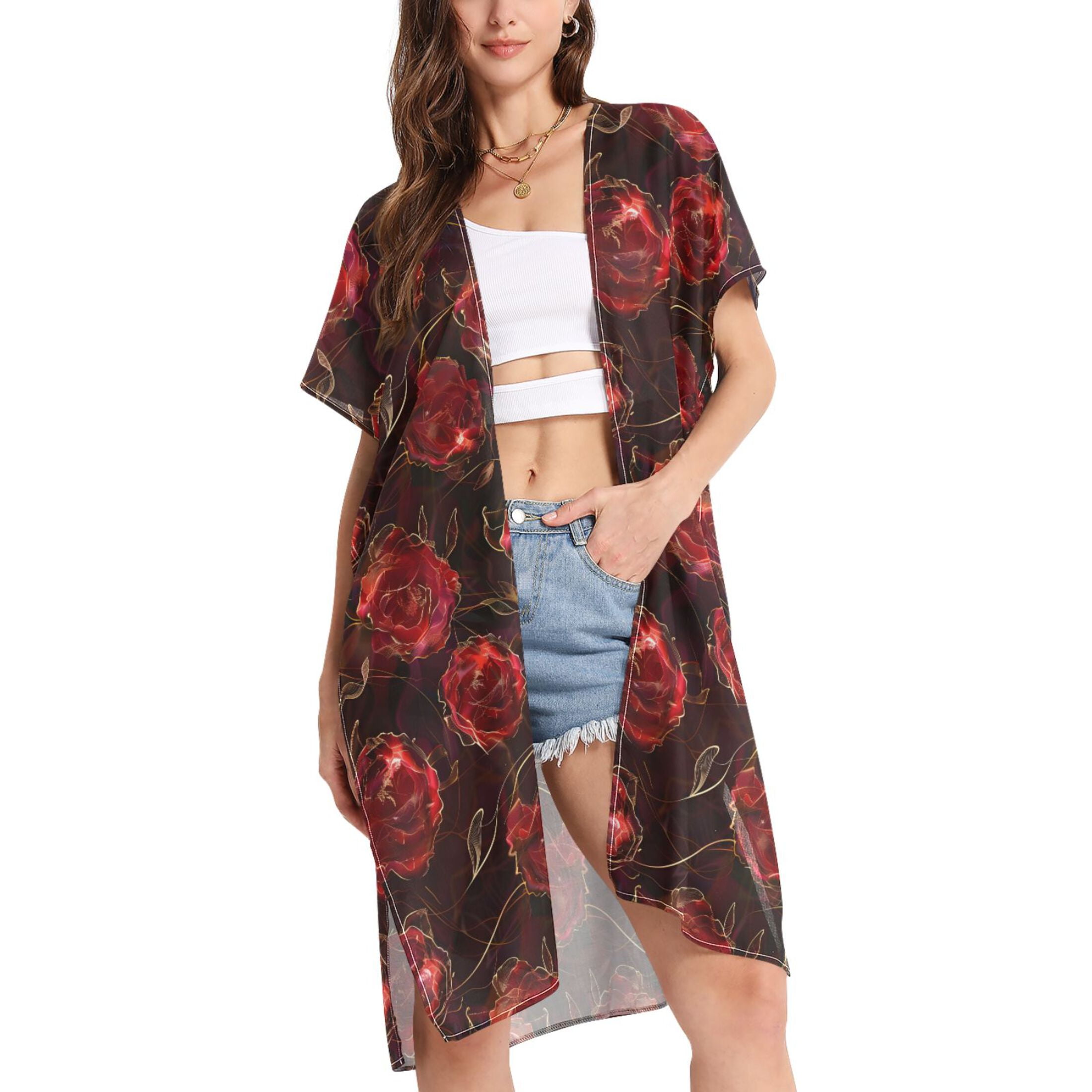 Wenrine Womens Rose Red Swimsuit Coverup Shirt Dress
