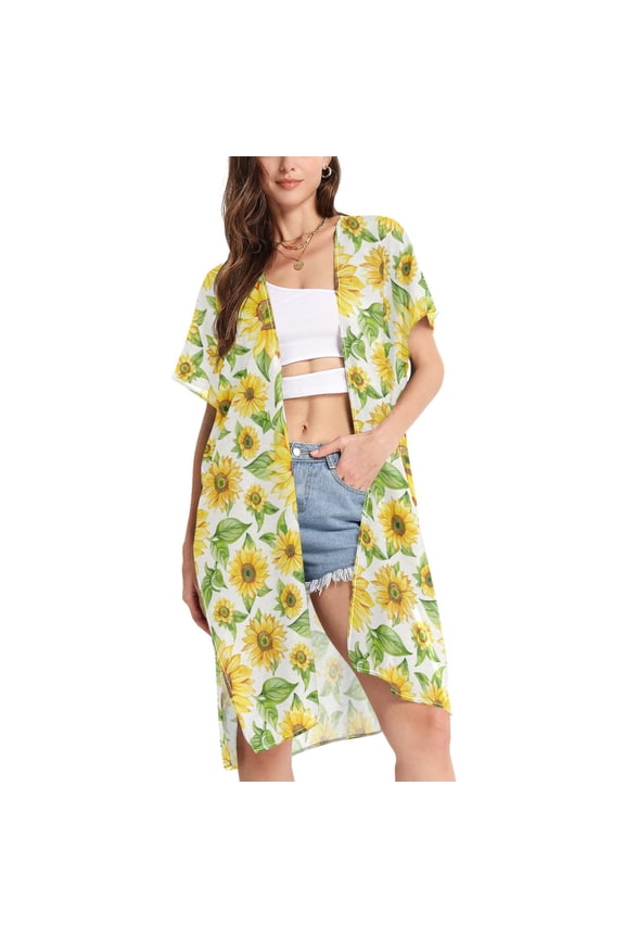 Women's Beautiful Sunflower Beach Cover Up Kimono Swimsuit Summer Cardigan Swimwear M
