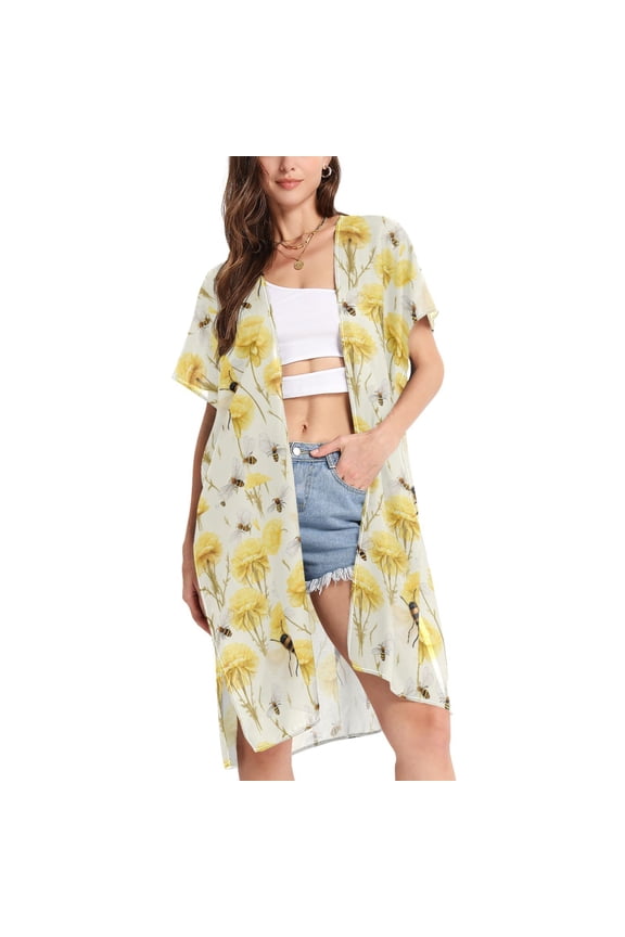 Women's Bees and Flowers Beach Cover Up Kimono Swimsuit Summer Cardigan Swimwear L
