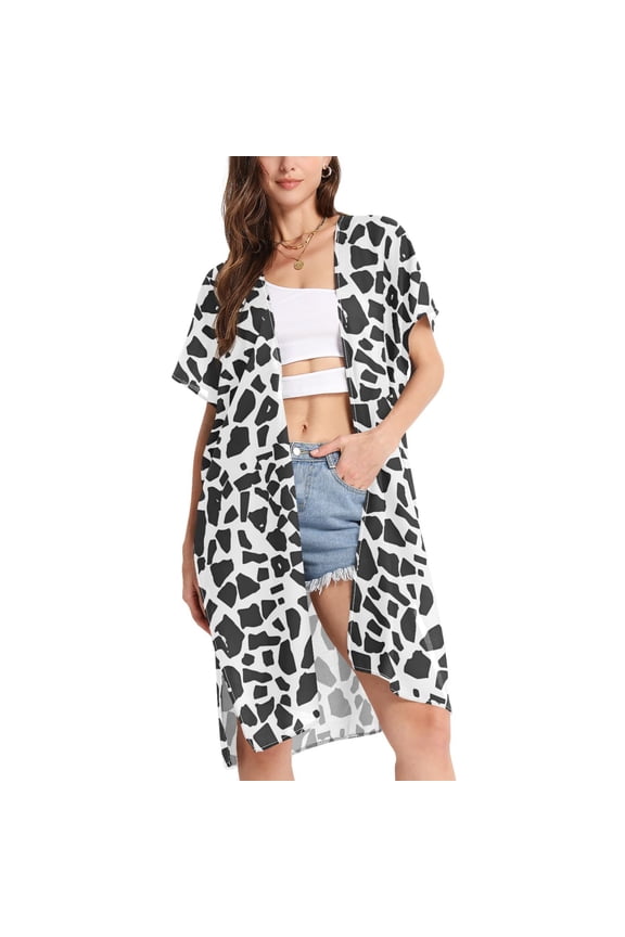 Women's Black Graffiti Beach Cover Up Kimono Swimsuit Summer Cardigan Swimwear L