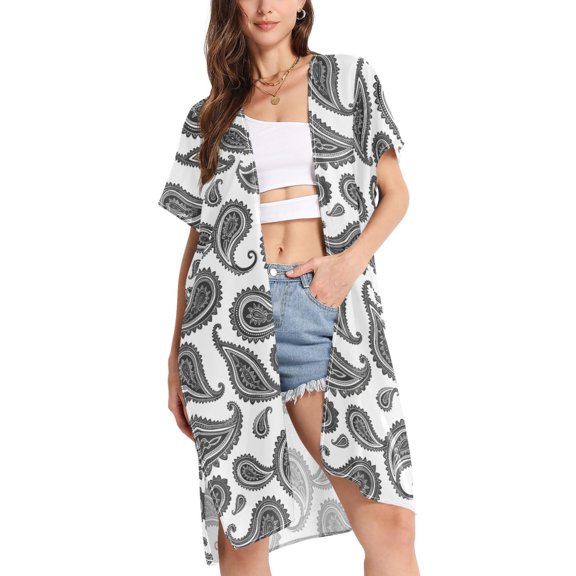 joogoo Women's Black Graffiti Boho Beach Cover Up Kimono Swimsuit Summer Cardigan Swimwear M