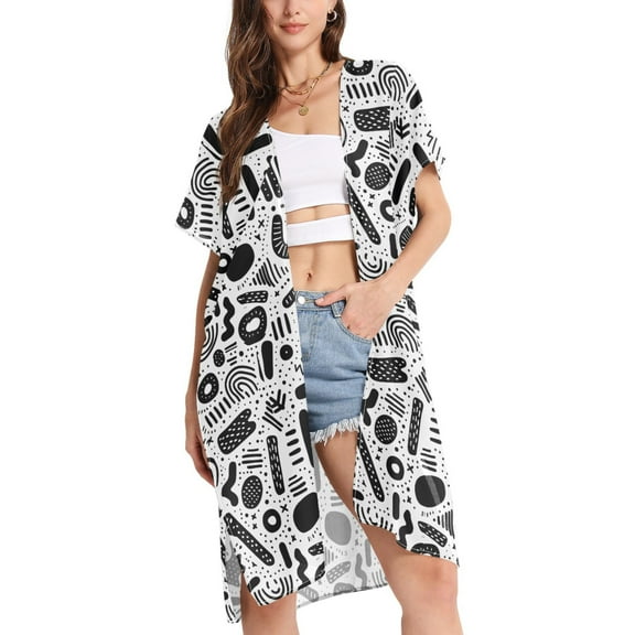 joogoo Women's Black Graffiti on White Beach Cover Up Kimono Swimsuit Summer Cardigan Swimwear L