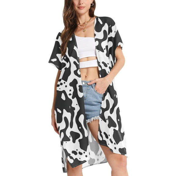 joogoo Women's Black and White Graffiti Beach Cover Up Kimono Swimsuit Summer Cardigan Swimwear S
