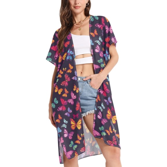 joogoo Women's Butterflies Seamless Beach Cover Up Kimono Swimsuit Summer Cardigan Swimwear M